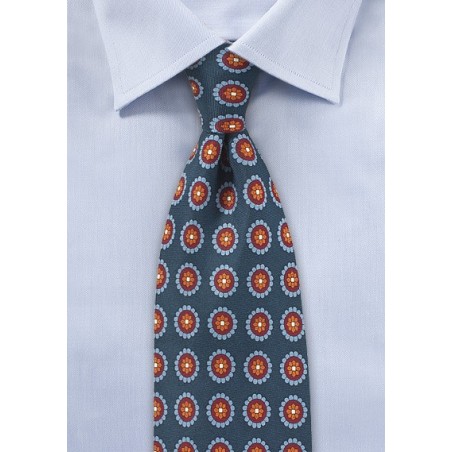 Navy Medallion Print Silk Tie