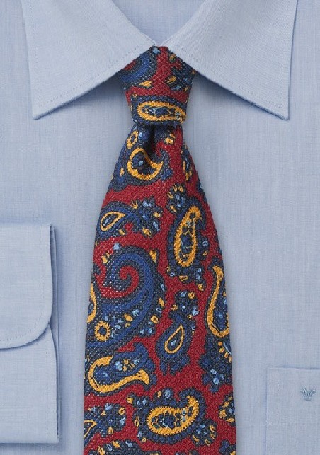 Wool Paisley Tie in Reds and Blues