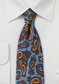 French Blue Paisley Tie in Printed Wool