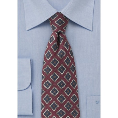 Burgundy Medallion Print Tie in Wool