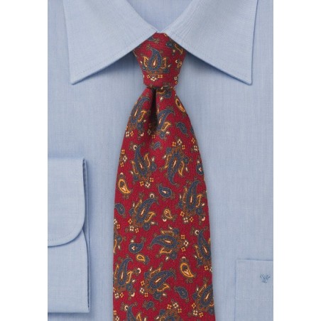 Designer Wool Paisley Tie in Red and Blue