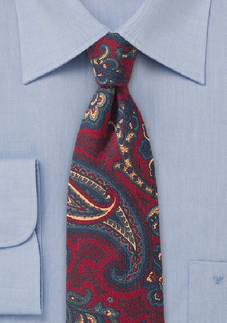 60s Paisley Wool Tie in Red and Blue