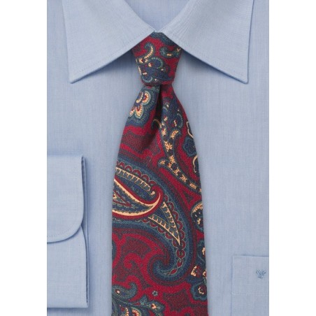 60s Paisley Wool Tie in Red and Blue