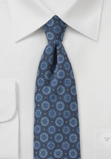Denim Blue Medallion Print Skinny Tie