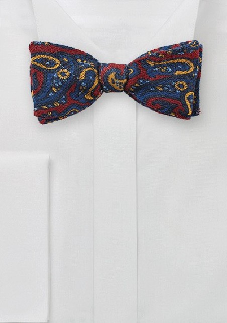 Wool Paisley Print Bow Tie in Red and Blue