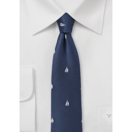 Navy Blue Skinny Tie with Sailboats