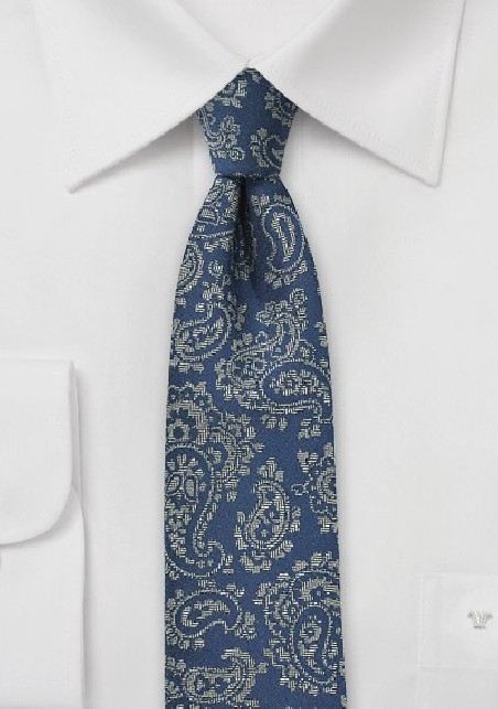 Blue Slim Cut Tie with Gray Paisley