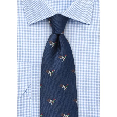 Silk Tie with Flying Ducks in Navy