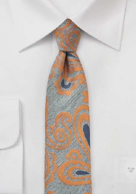 Gray and Orange Wool Skinny Paisley Tie