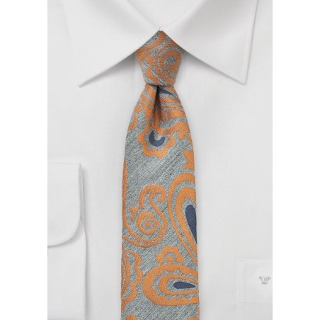 Gray and Orange Wool Skinny Paisley Tie