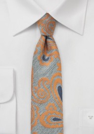 Gray and Orange Wool Skinny Paisley Tie