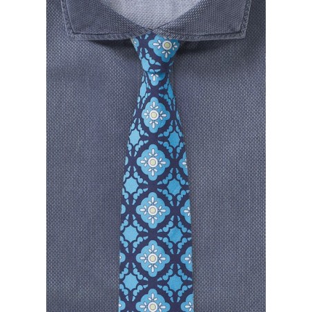 Tile Design Skinny Tie in Blue and Aqua