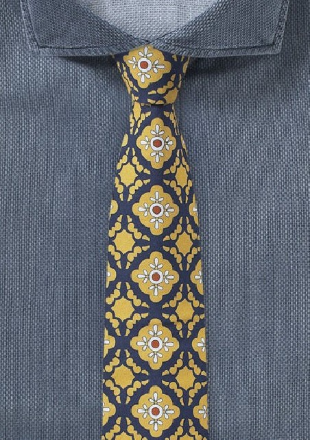 Cotton Print Tile Design in Golden Yellow and Navy