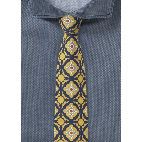 Cotton Print Tile Design in Golden Yellow and Navy