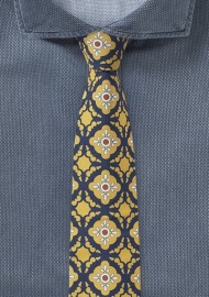 Cotton Print Tile Design in Golden Yellow and Navy