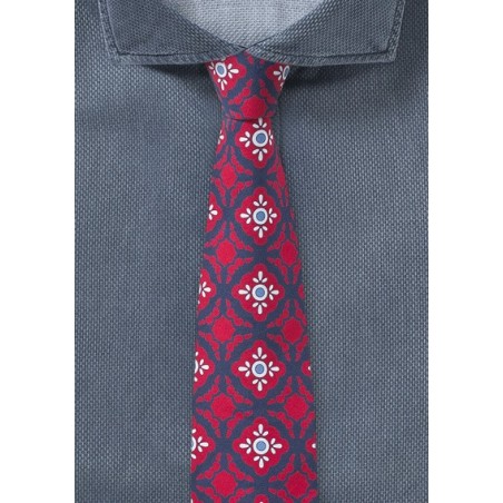 Spanish Geometric Print Tie in Red and Navy