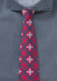 Spanish Geometric Print Tie in Red and Navy