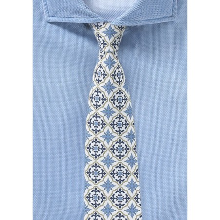 Spanish Tile Design Mens Tie in White, Gold, and Blue