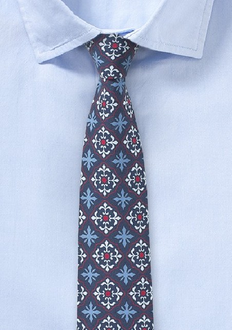 Mexican Tile Patterned Tie in Red, White, and Blue