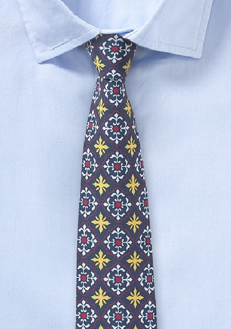 Navy, Yellow, and Red Tile Design Cotton Tie