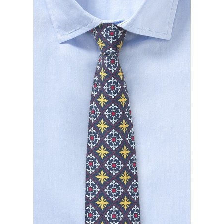 Navy, Yellow, and Red Tile Design Cotton Tie