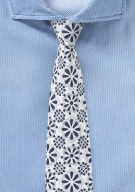 Floral Lace Print Cotton Tie in White and Blue