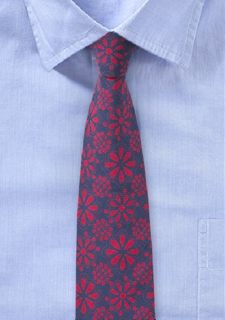 Floral Print Cotton Tie in Navy and Red