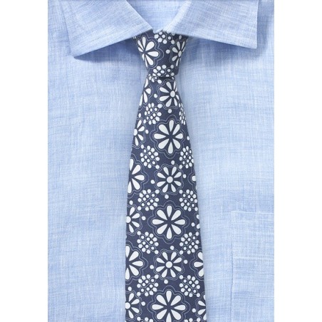 Blue and White Geometric Floral Cotton Tie