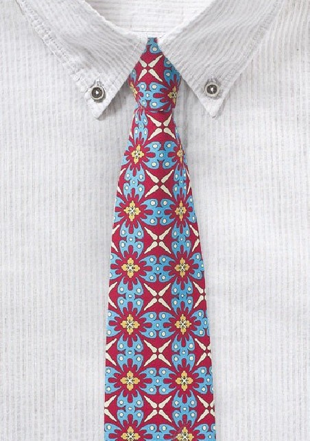 Bold Geometric Print Cotton Tie in Red, Turquoise, and Yellow