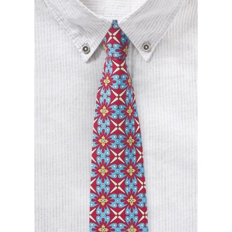Bold Geometric Print Cotton Tie in Red, Turquoise, and Yellow