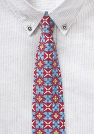 Bold Geometric Print Cotton Tie in Red, Turquoise, and Yellow