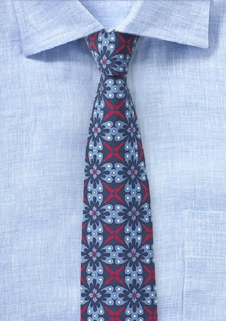 Wild Cotton Print Skinny Tie in Red and Blues