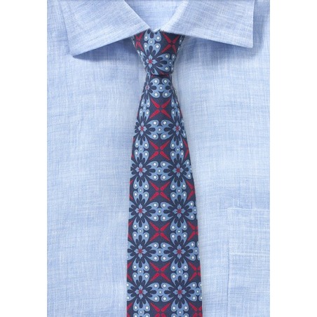 Wild Cotton Print Skinny Tie in Red and Blues