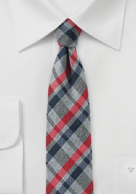 Trendy Tartan Plaid Tie in Grey, Navy, and Red