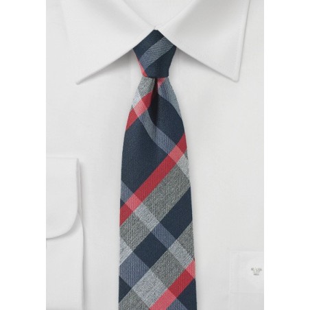 Modern Tartan Skinny Tie in Gray, Blue and Red