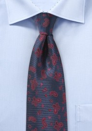 Navy Repp Tie with Red Woven Paisleys