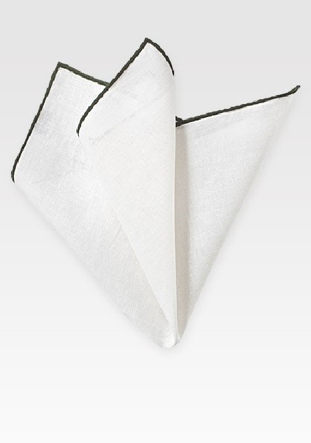 White and Dark Green Linen Pocket Square