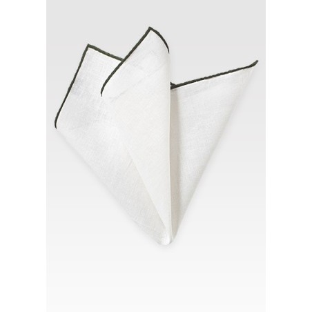 White and Dark Green Linen Pocket Square