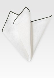 White and Dark Green Linen Pocket Square