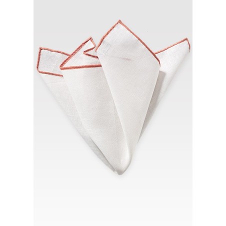White and Coral Peach Linen Hanky