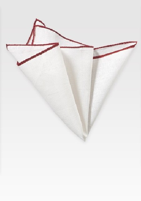 White and Burgundy Linen Pocket Square
