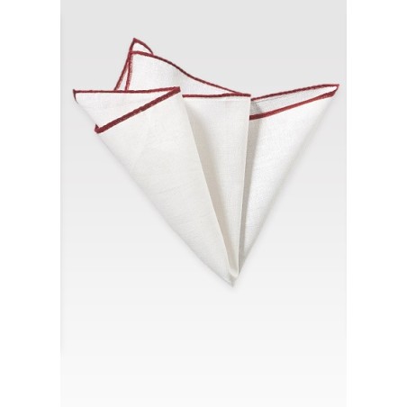 White and Burgundy Linen Pocket Square