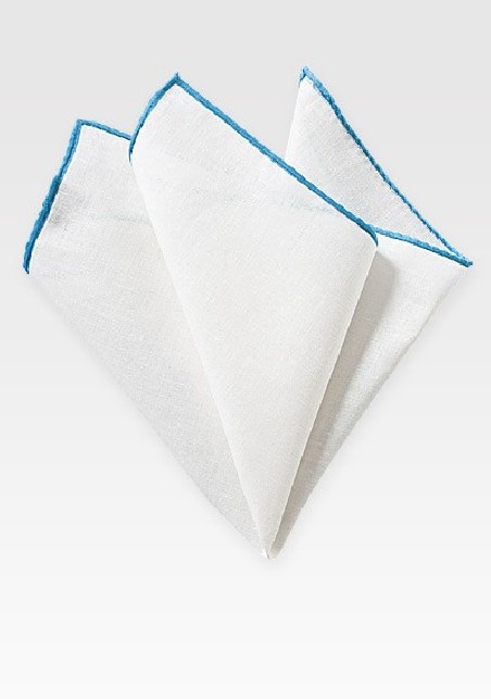 White and Aqua Linen Pocket Square