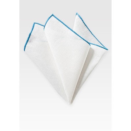 White and Aqua Linen Pocket Square