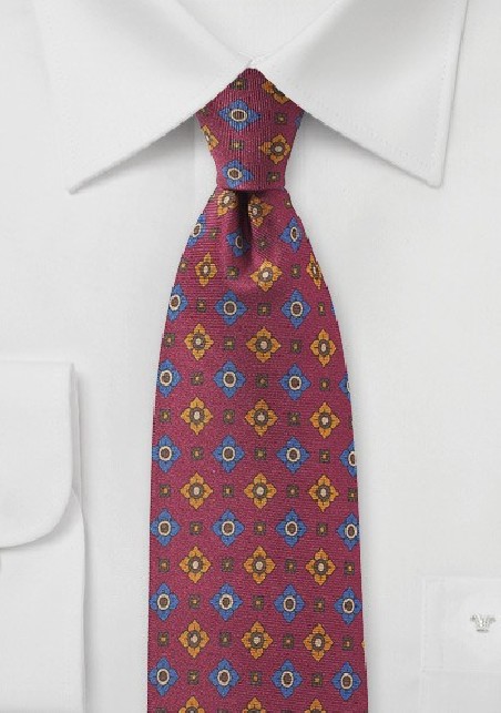 Wine Red Vintage Print Silk Tie