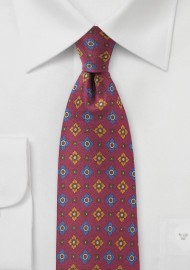 Wine Red Vintage Print Silk Tie