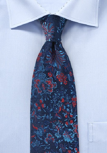 Luxe Floral Silk Tie in Rich Blues and Red