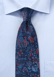 Luxe Floral Silk Tie in Rich Blues and Red