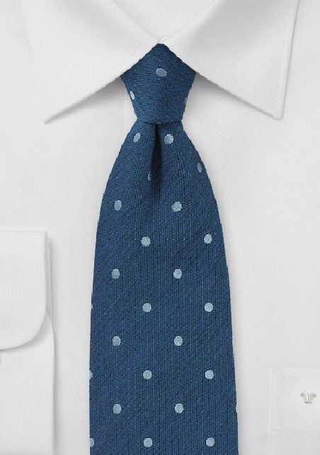 Raw Silk Polka Dot Tie in Denim Blue