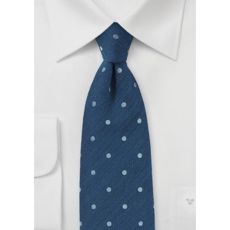 Raw Silk Polka Dot Tie in Denim Blue